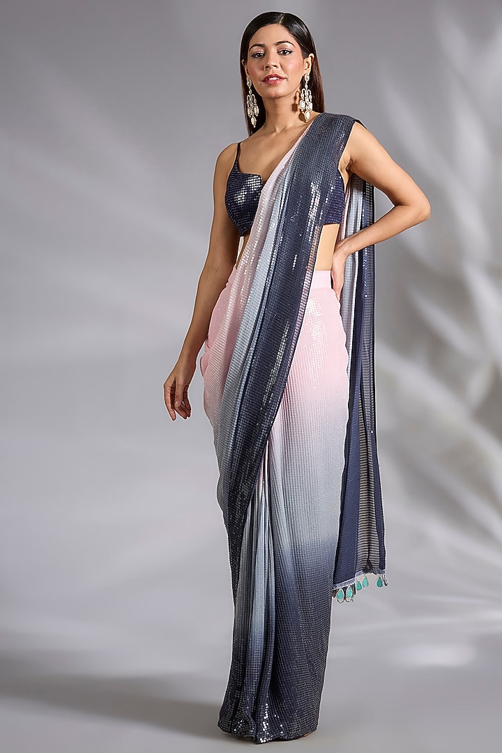 Grey & Pink Shaded Georgette Sequins Work Draped Reception Saree Set by CHARU PARASHAR at Pernia's Pop Up Shop
