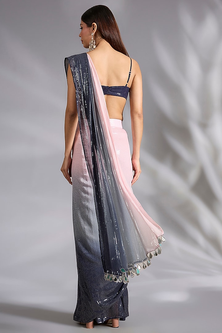 Grey & Pink Shaded Georgette Sequins Work Draped Reception Saree Set by CHARU PARASHAR at Pernia's Pop Up Shop
