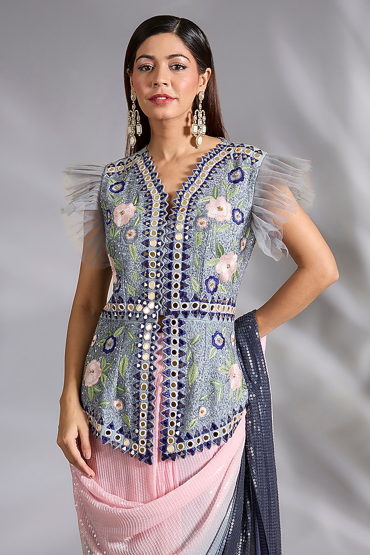 Grey & Pink Shaded Georgette Sequins Work Draped Reception Saree Set by CHARU PARASHAR at Pernia's Pop Up Shop