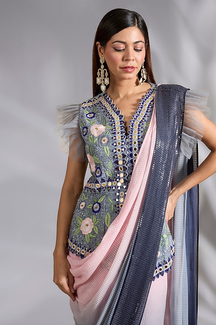 Grey & Pink Shaded Georgette Sequins Work Draped Reception Saree Set by CHARU PARASHAR at Pernia's Pop Up Shop