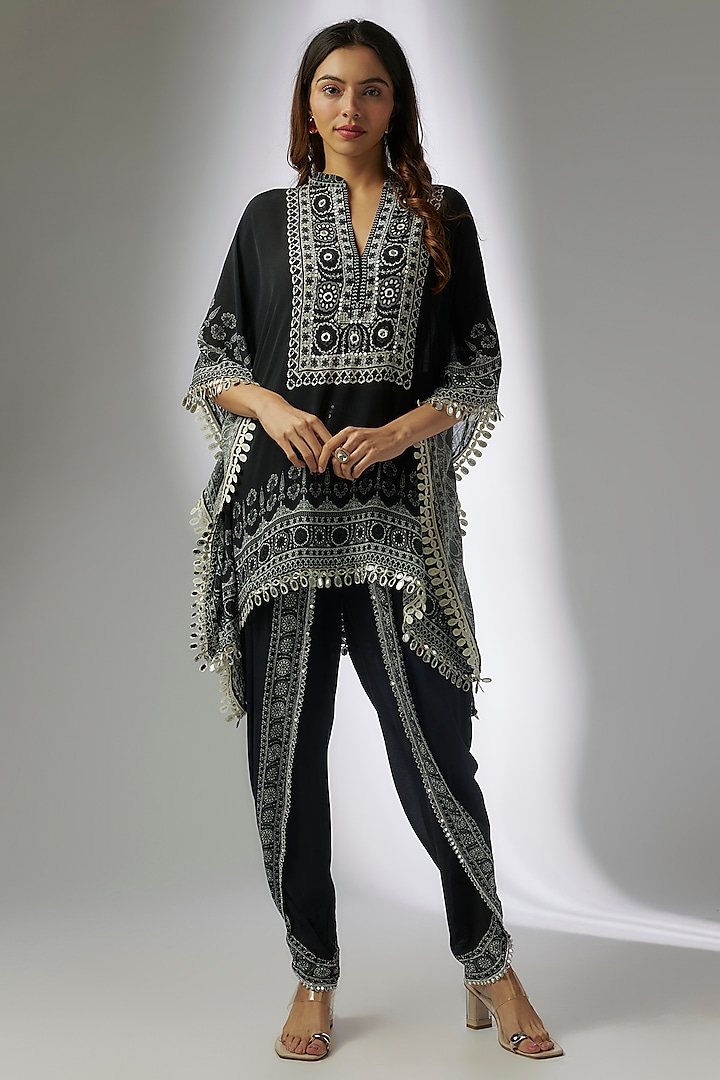Black Crepe Digital Printed & Hand Embroidered Dhoti Set by CHARU PARASHAR at Pernia's Pop Up Shop