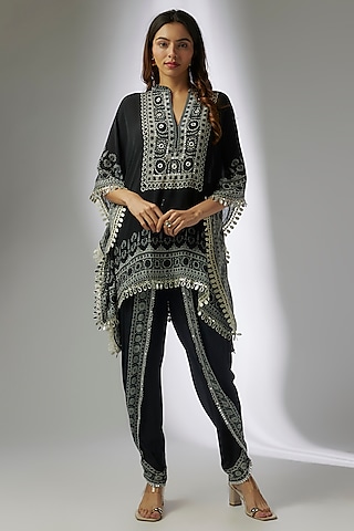 Black Crepe Digital Printed & Hand Embroidered Dhoti Set by CHARU PARASHAR