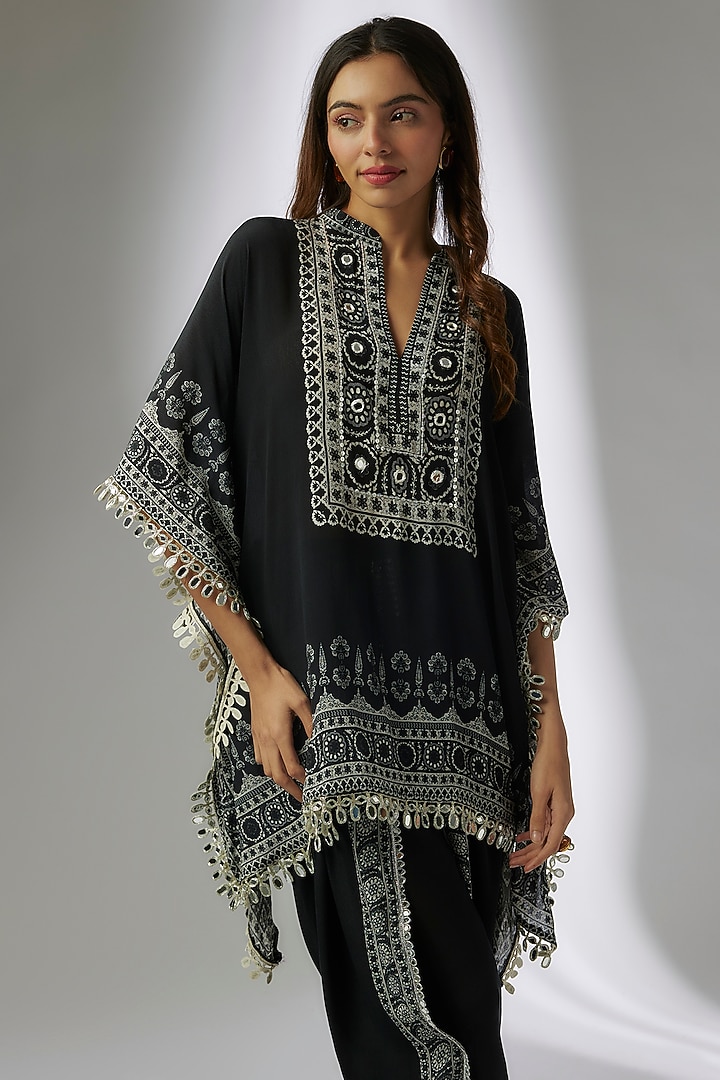 Black Crepe Digital Printed & Hand Embroidered Dhoti Set by CHARU PARASHAR at Pernia's Pop Up Shop