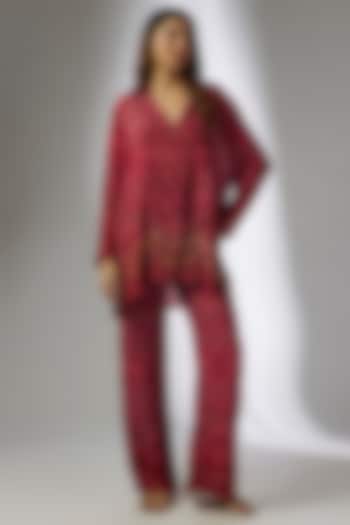 Red Crepe Digital Printed & Hand Embroidery Pant Set by CHARU PARASHAR at Pernia's Pop Up Shop