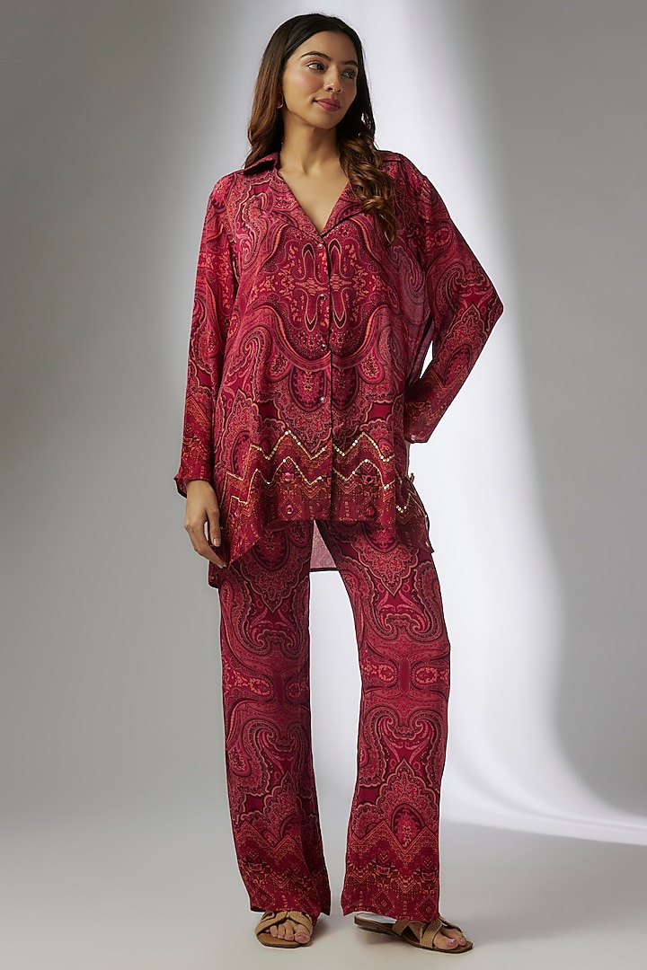 Red Crepe Digital Printed & Hand Embroidery Pant Set by CHARU PARASHAR at Pernia's Pop Up Shop