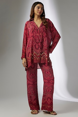 Red Crepe Digital Printed & Hand Embroidery Pant Set by CHARU PARASHAR