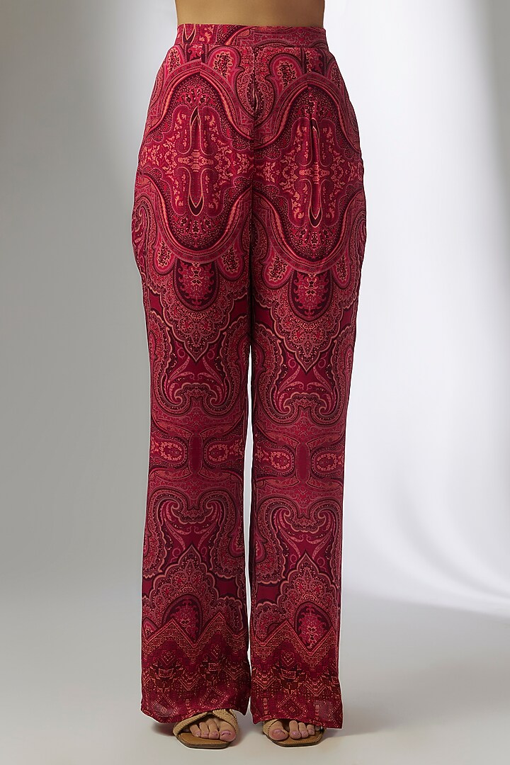 Red Crepe Digital Printed & Hand Embroidery Pant Set by CHARU PARASHAR at Pernia's Pop Up Shop