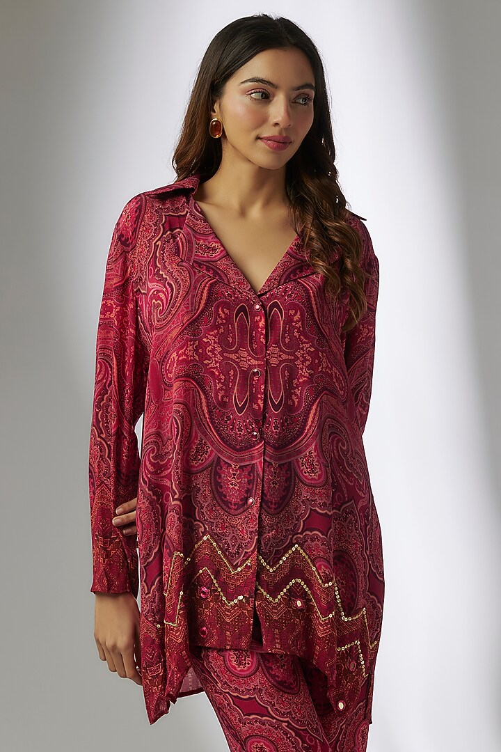 Red Crepe Digital Printed & Hand Embroidery Pant Set by CHARU PARASHAR at Pernia's Pop Up Shop