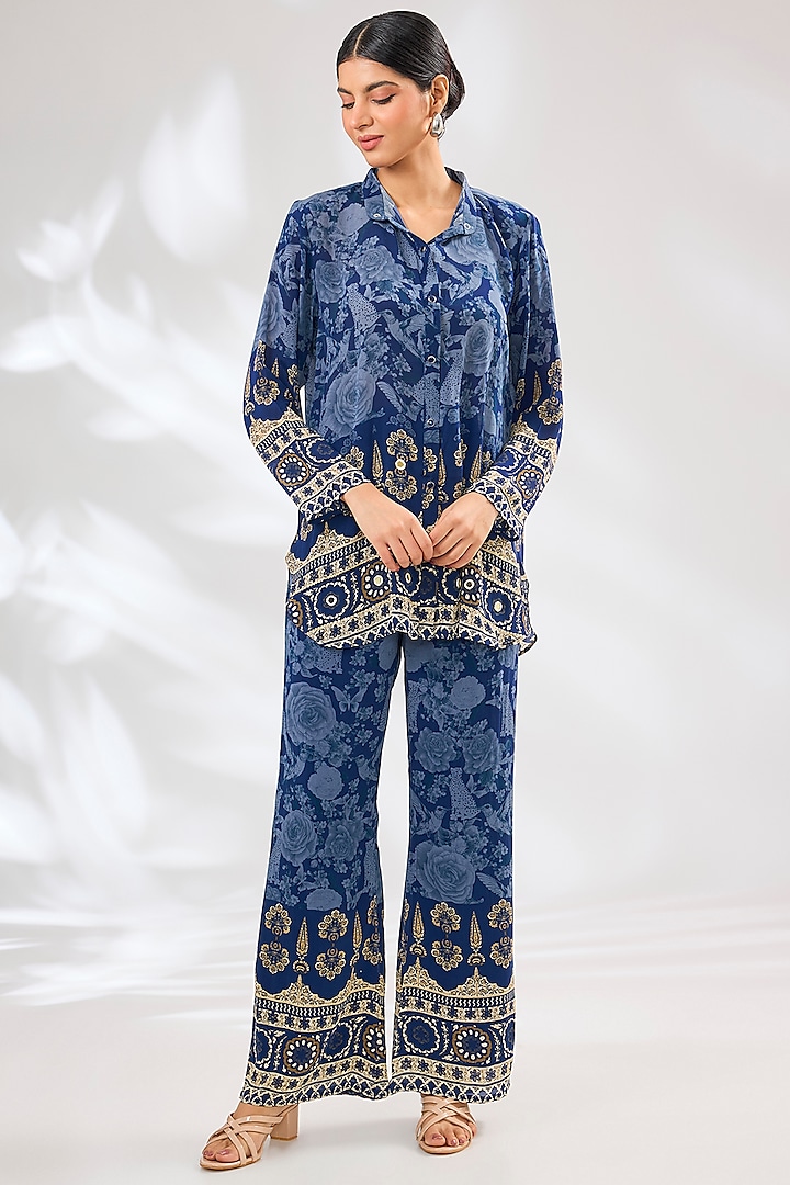 Blue Crepe Floral Printed & Hand Embellished Co-Ord Set by CHARU PARASHAR at Pernia's Pop Up Shop