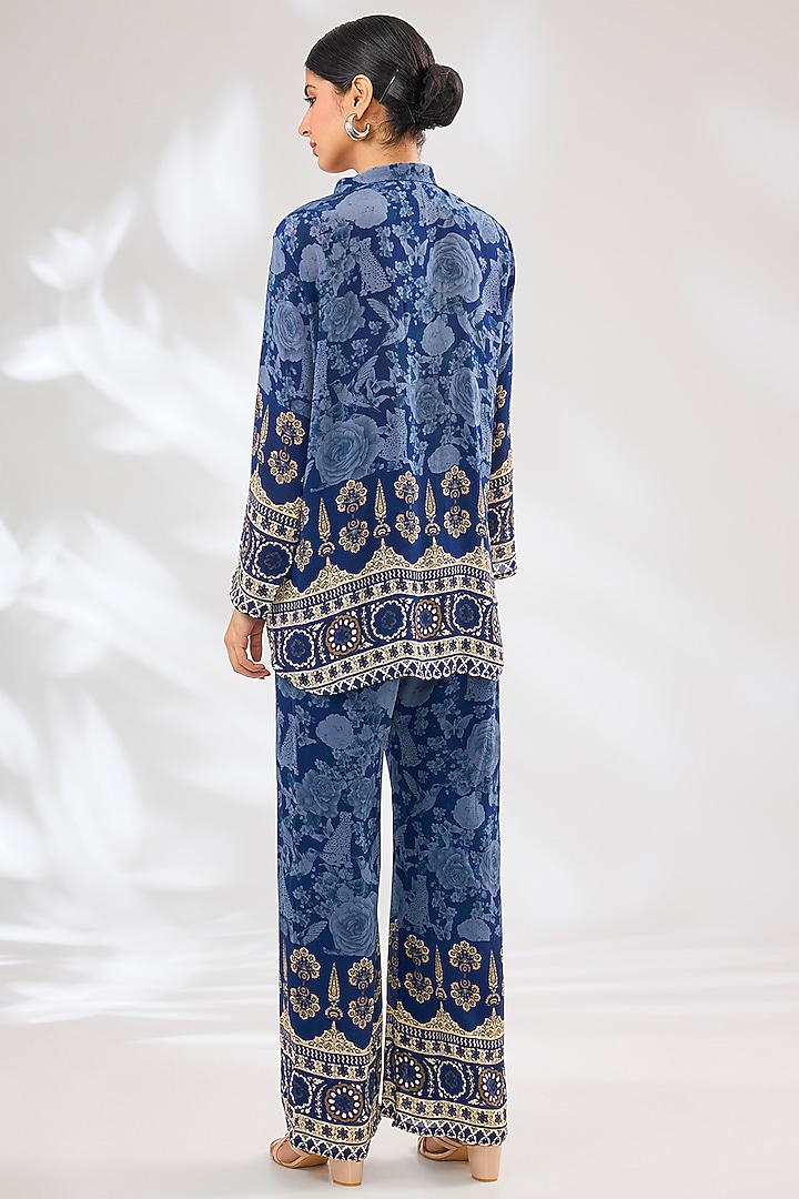 Blue Crepe Floral Printed & Hand Embellished Co-Ord Set by CHARU PARASHAR at Pernia's Pop Up Shop