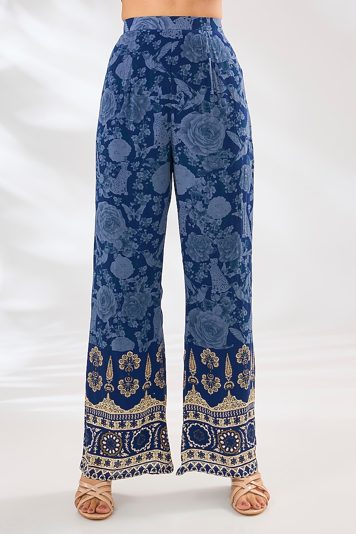 Blue Crepe Floral Printed & Hand Embellished Co-Ord Set by CHARU PARASHAR at Pernia's Pop Up Shop