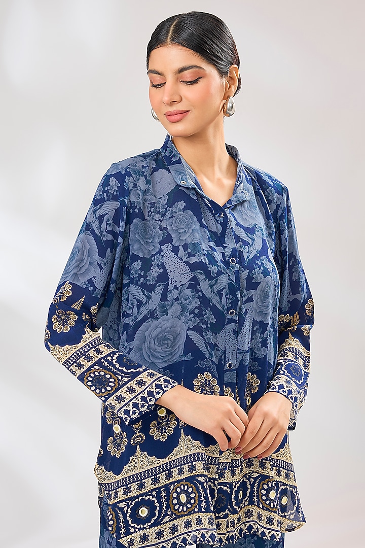Blue Crepe Floral Printed & Hand Embellished Co-Ord Set by CHARU PARASHAR at Pernia's Pop Up Shop