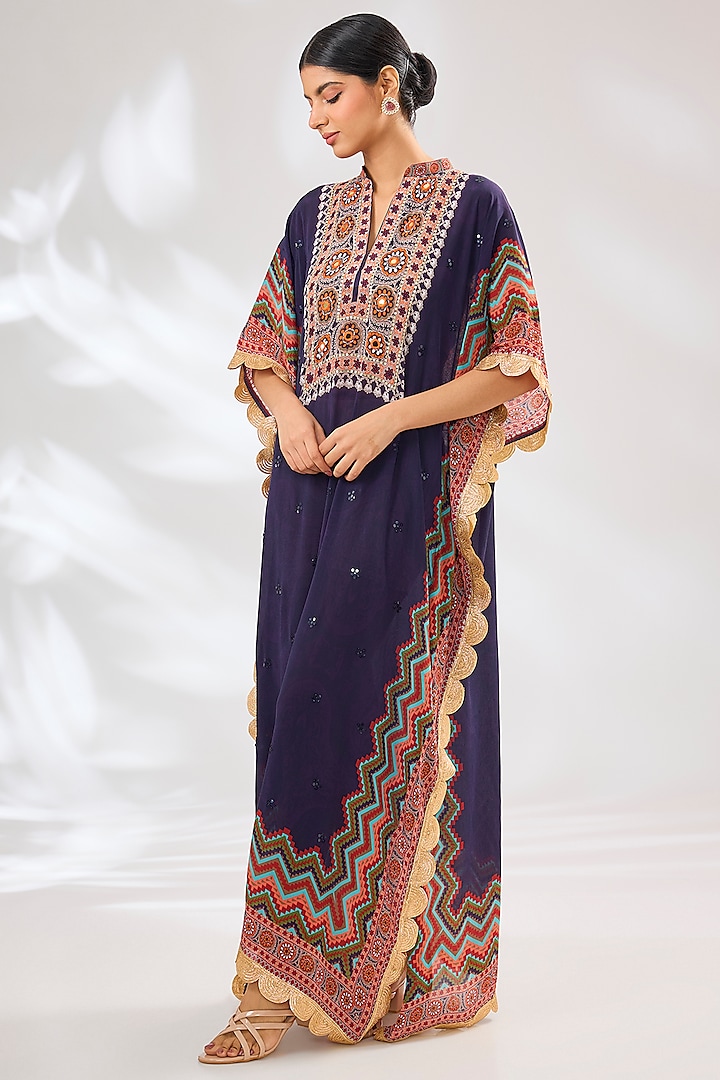 Purple Crepe Chevron Floral Printed & Resham Embellished Kaftan by CHARU PARASHAR at Pernia's Pop Up Shop