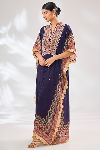 Purple Crepe Chevron Floral Printed & Resham Embellished Kaftan by CHARU PARASHAR
