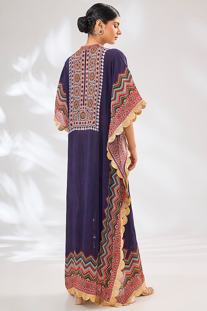 Purple Crepe Chevron Floral Printed & Resham Embellished Kaftan by CHARU PARASHAR at Pernia's Pop Up Shop
