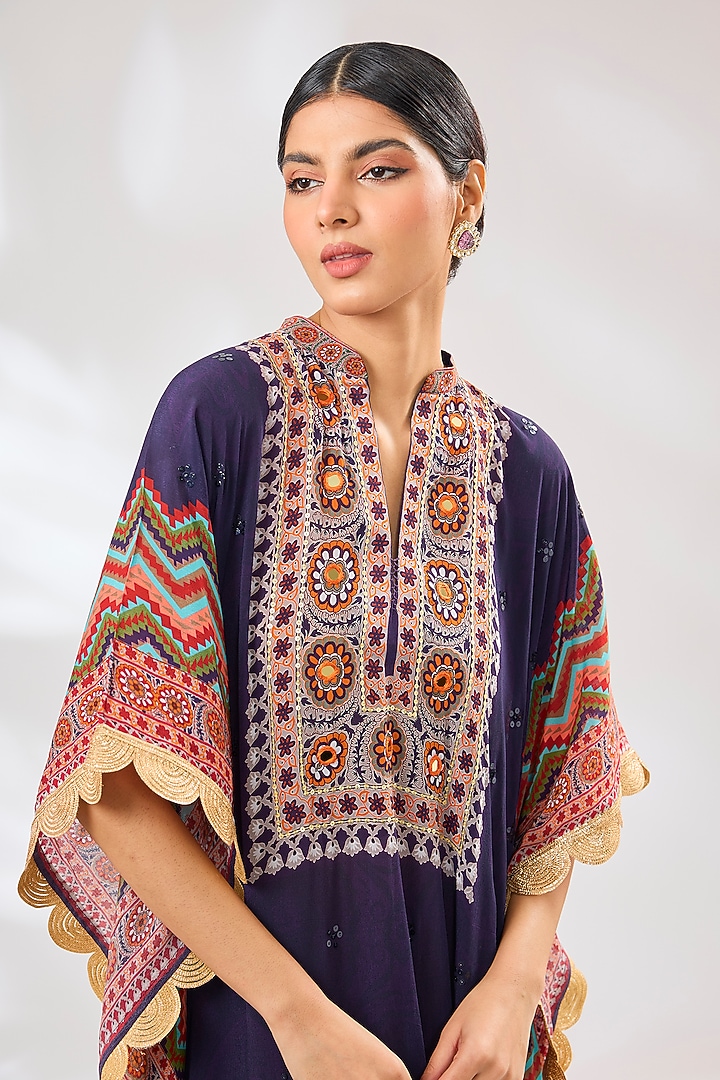 Purple Crepe Chevron Floral Printed & Resham Embellished Kaftan by CHARU PARASHAR at Pernia's Pop Up Shop