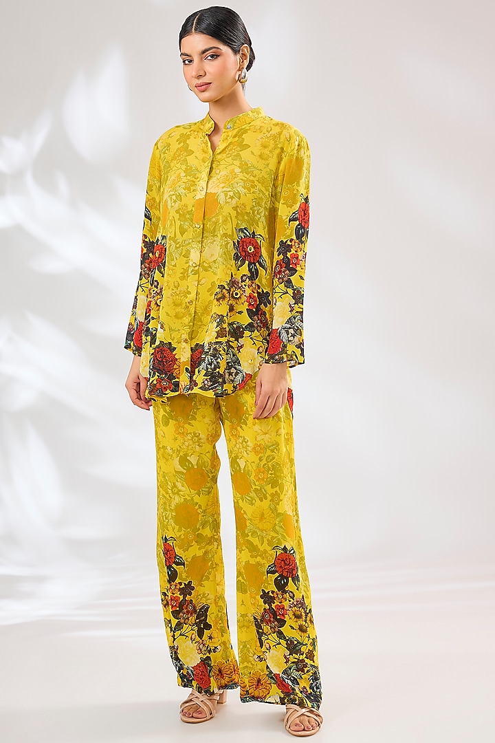 Yellow Crepe Floral Printed Co-Ord Set by CHARU PARASHAR at Pernia's Pop Up Shop