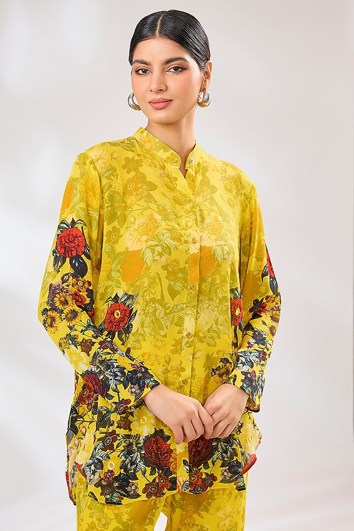 Yellow Crepe Floral Printed Co-Ord Set by CHARU PARASHAR at Pernia's Pop Up Shop