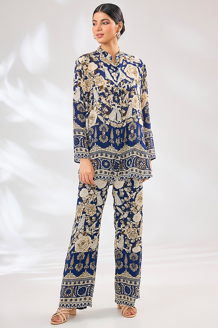 Blue Crepe Floral Printed Co-Ord Set by CHARU PARASHAR at Pernia's Pop Up Shop