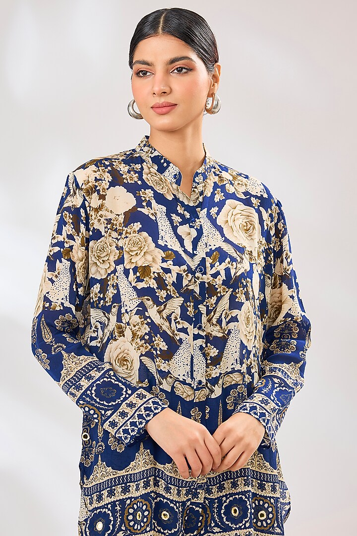 Blue Crepe Floral Printed Co-Ord Set by CHARU PARASHAR at Pernia's Pop Up Shop