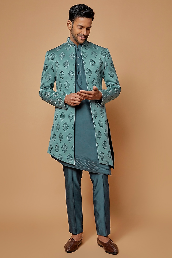 Teal Green Silk Embroidered Indowestern Set by CP SINGH