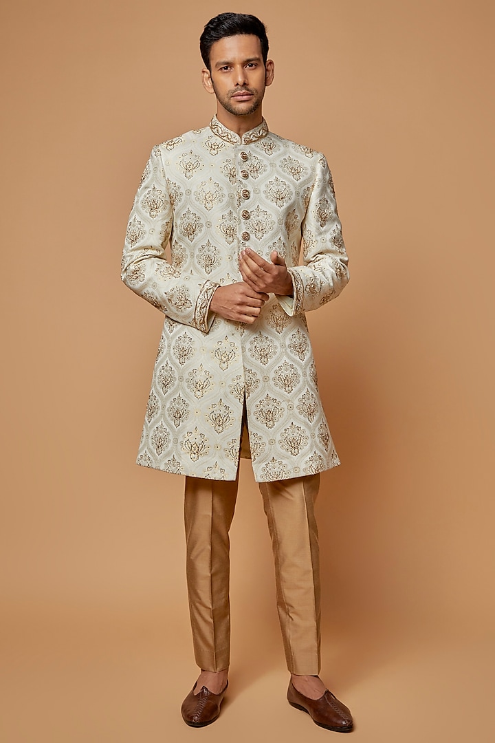 White Silk Embroidered Indowestern Set by CP SINGH