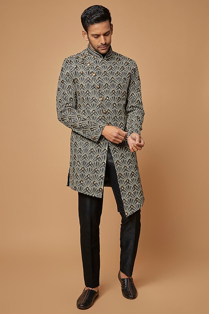Black Italian Stretch Embroidered & Printed Indowestern Set by CP SINGH