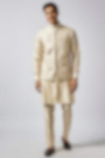 Light Golden Silk Thread Work Bundi Jacket Set by CP SINGH