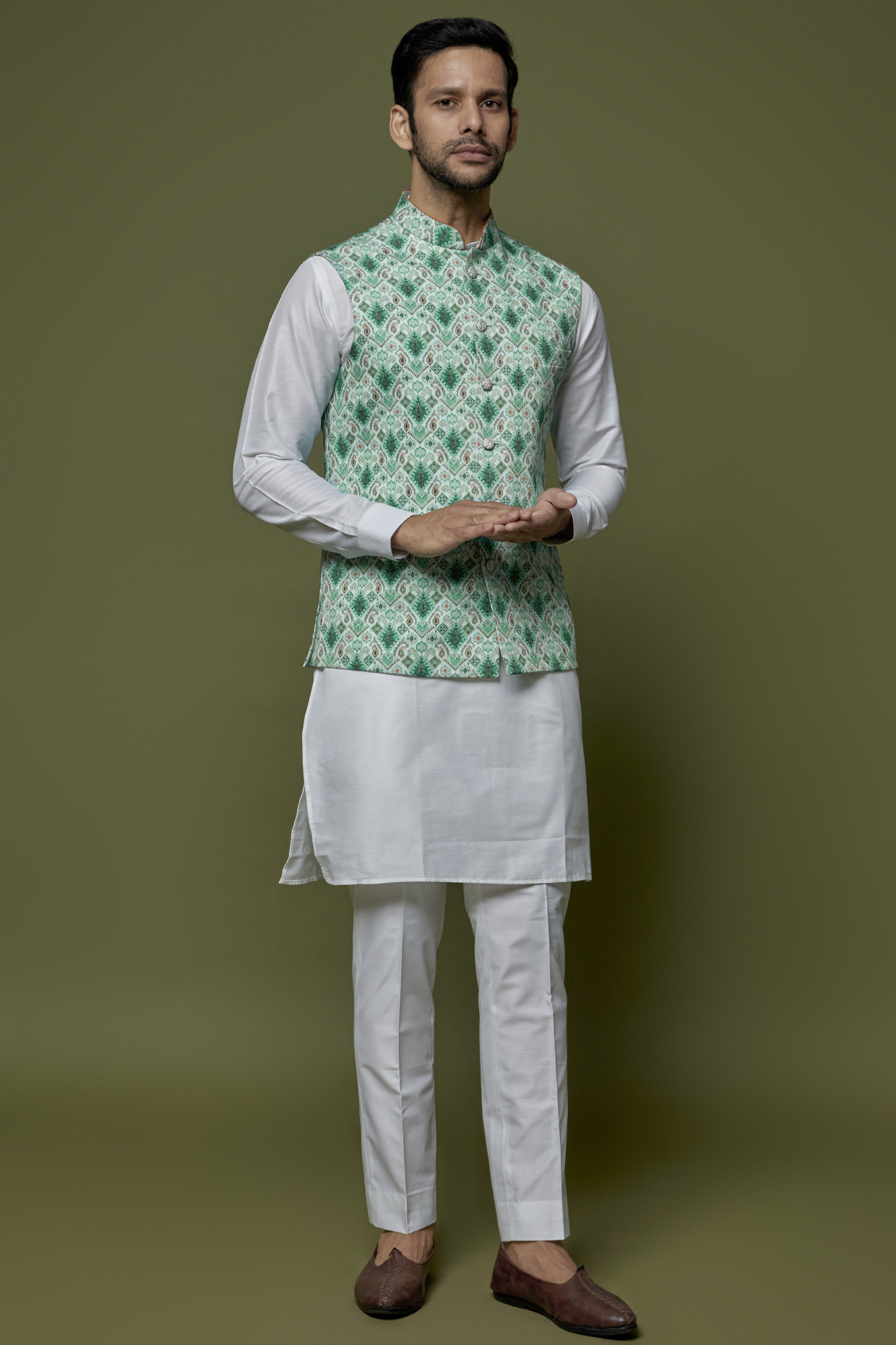 Sea Green Italian Stretch Bundi Set by CP SINGH