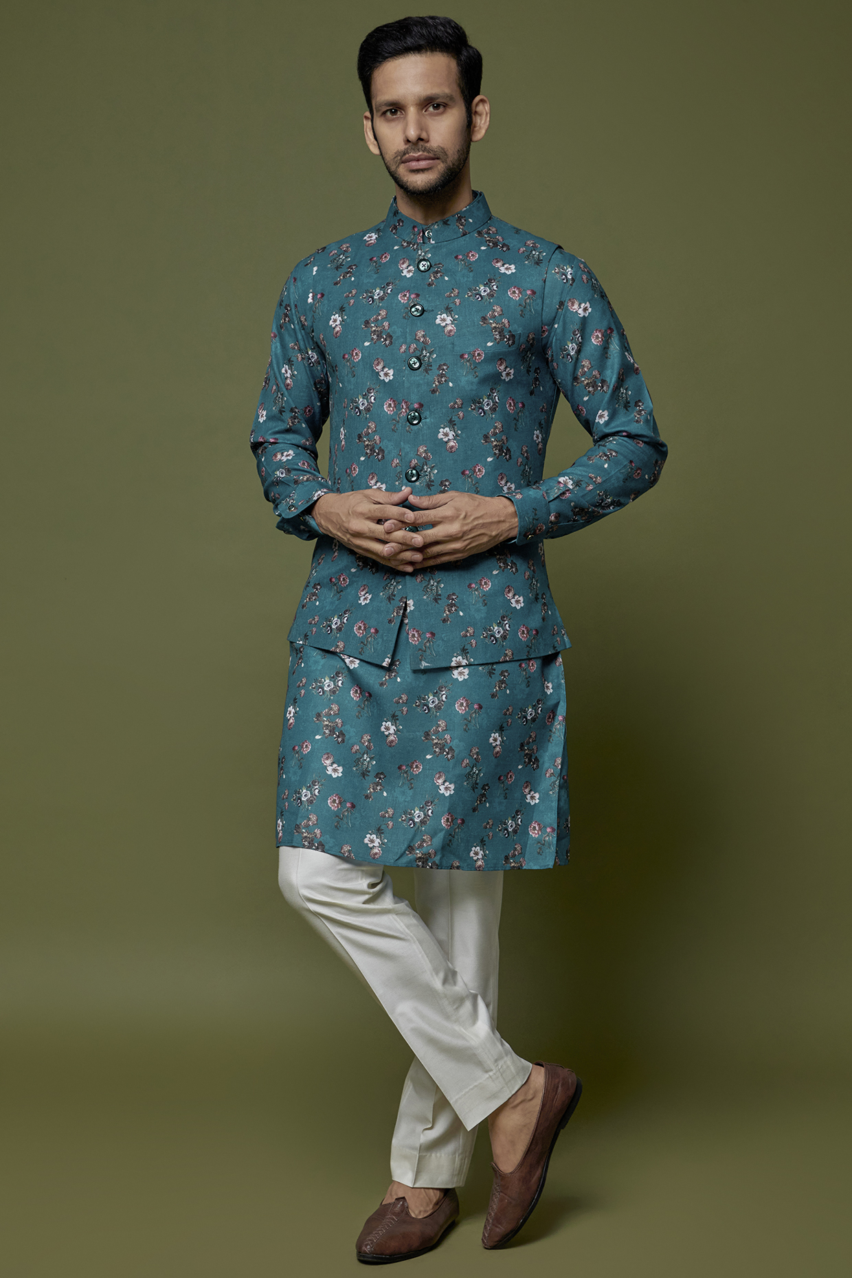 Teal Blue Poly Viscose Printed Bundi Set by CP SINGH