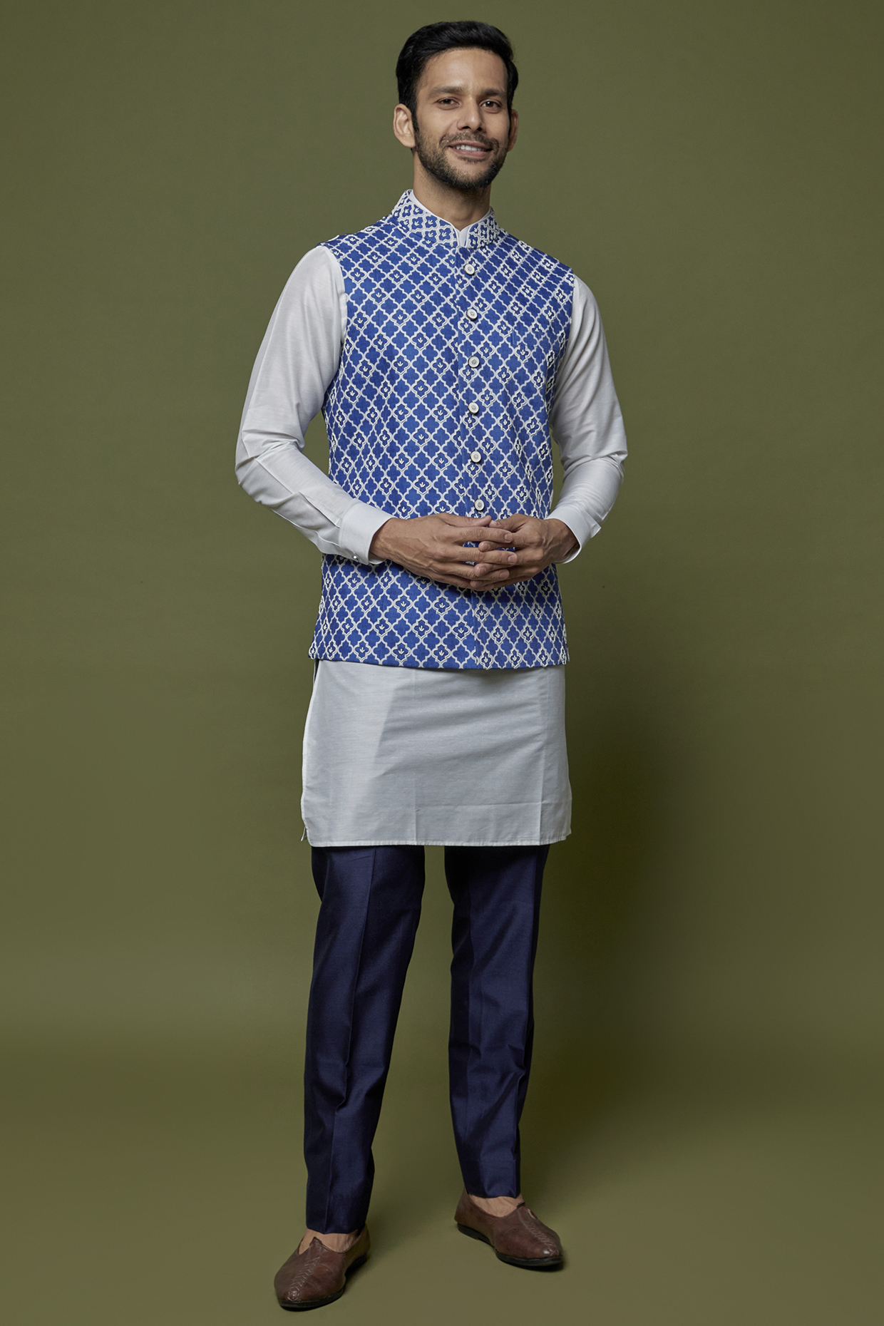 Sky Blue Italian Stretch Bundi Set by CP SINGH