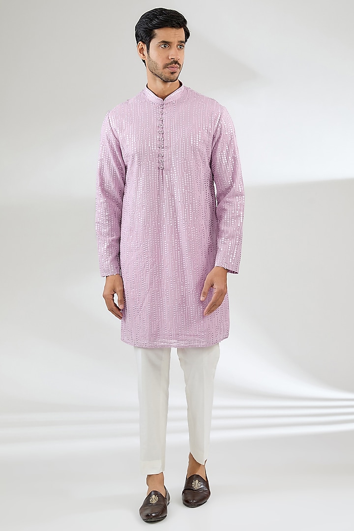 Light Purple Poly Viscose Sequins Embroidered Kurta Set by CP SINGH