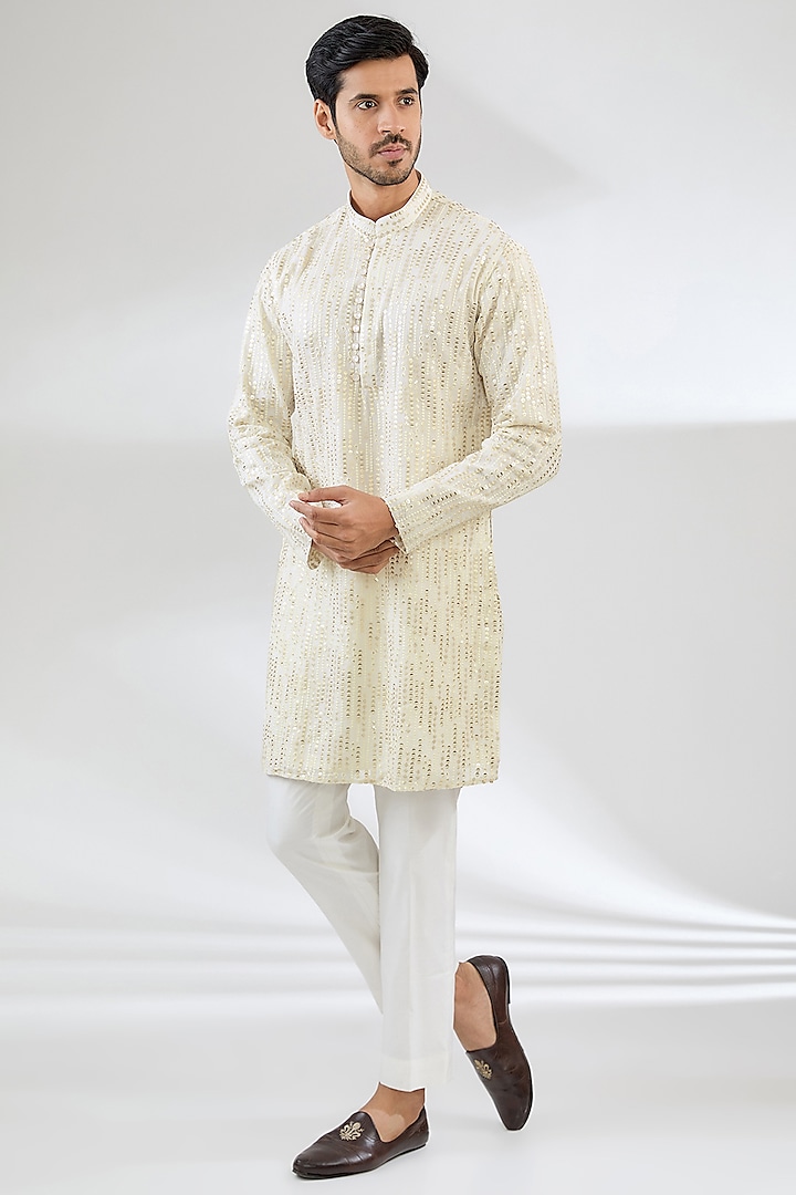 Cream Poly Viscose Sequins Embroidered Kurta Set by CP SINGH