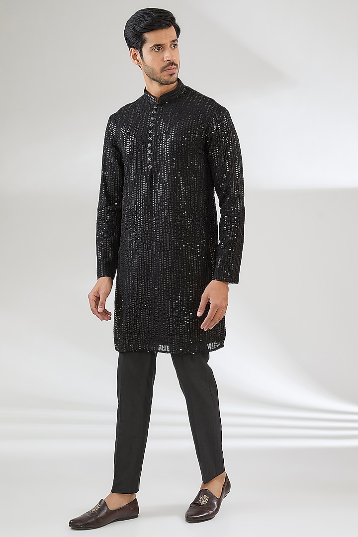 Black Poly Viscose Sequins Embroidered Kurta Set by CP SINGH