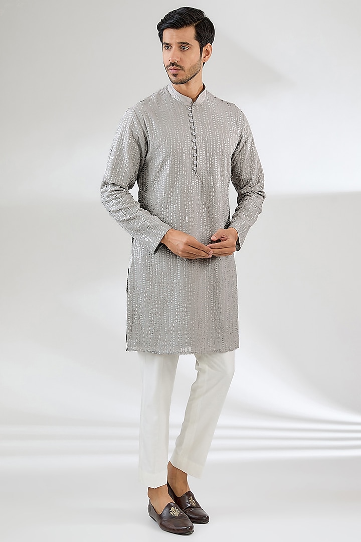 Grey Poly Viscose Sequins Embroidered Kurta Set by CP SINGH