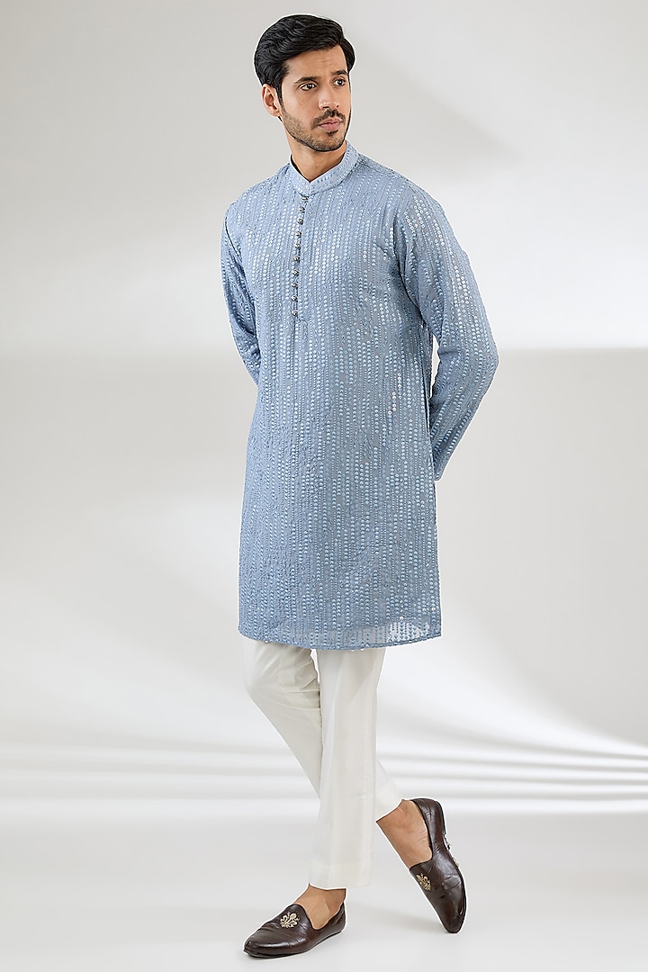 Sky Blue Poly Viscose Sequins Embroidered Kurta Set by CP SINGH