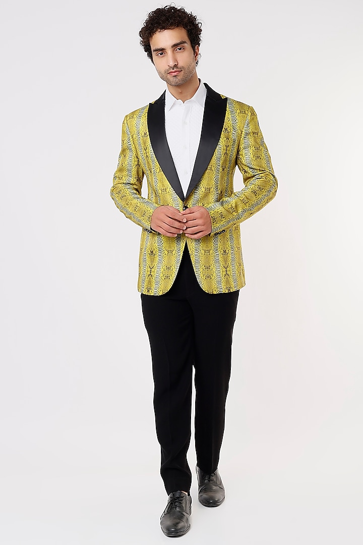 Yellow Italian Printed Tuxedo Set by CP SINGH