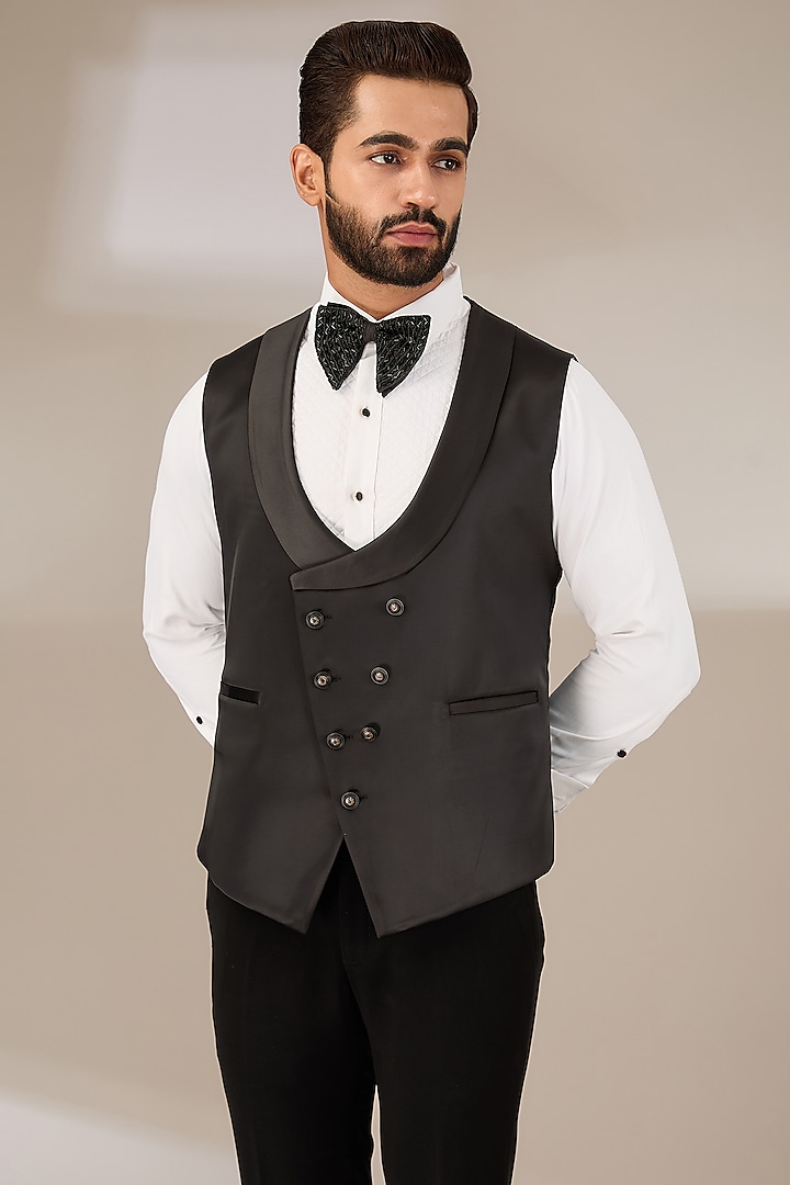 Black Poly Viscose Waistcoat by CP SINGH