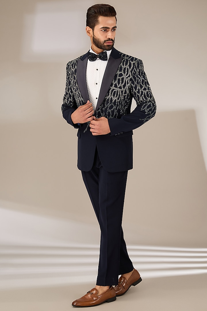 Blue Japanese Fabric Handwork Tuxedo Set by CP SINGH