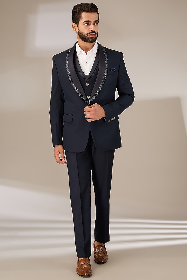 Blue Poly Viscose Tuxedo Set by CP SINGH