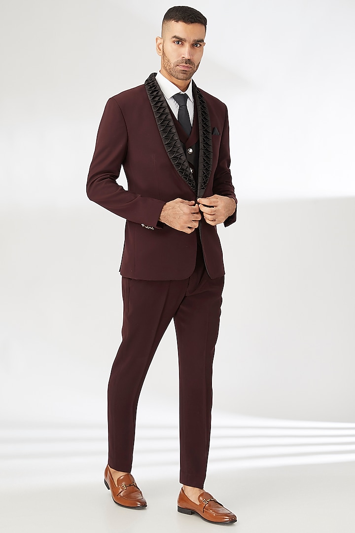 Wine Japanese Fabric Tuxedo Set by CP SINGH