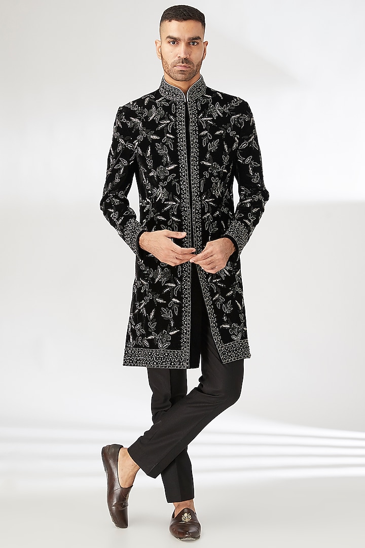 Black Italian Velvet Indowestern Set by CP SINGH