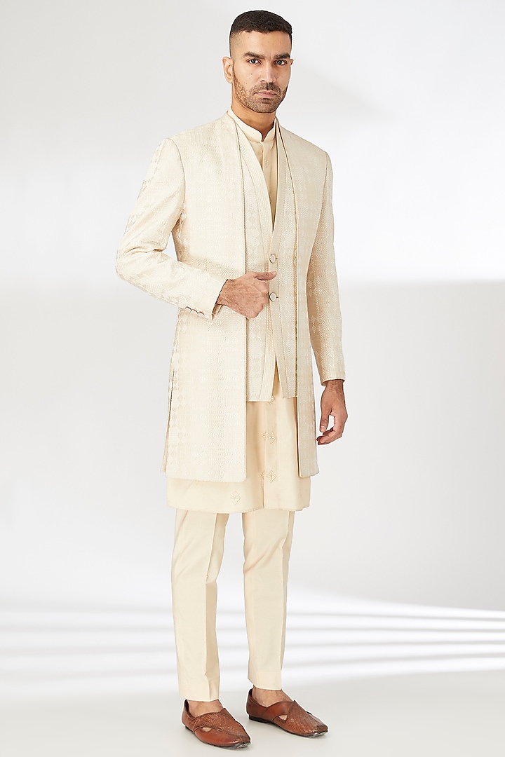 Ivory Silk Threadwork Indowestern Set by CP SINGH