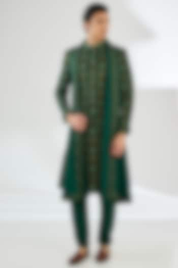 Dark Green Cotton Silk Thread Hand Embroidered Sherwani Set by CP SINGH