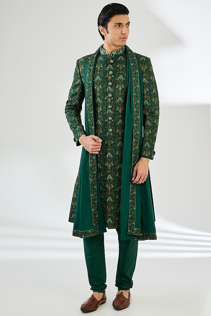 Dark Green Cotton Silk Thread Hand Embroidered Sherwani Set by CP SINGH