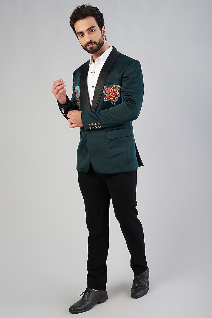 Green Japanese Stretch Tuxedo Set by CP SINGH