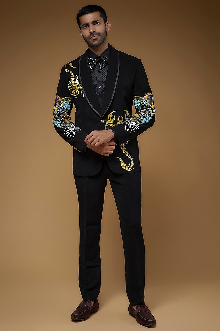 Black Japanese Stretch Fabric Embroidered & Printed Blazer Set by CP SINGH