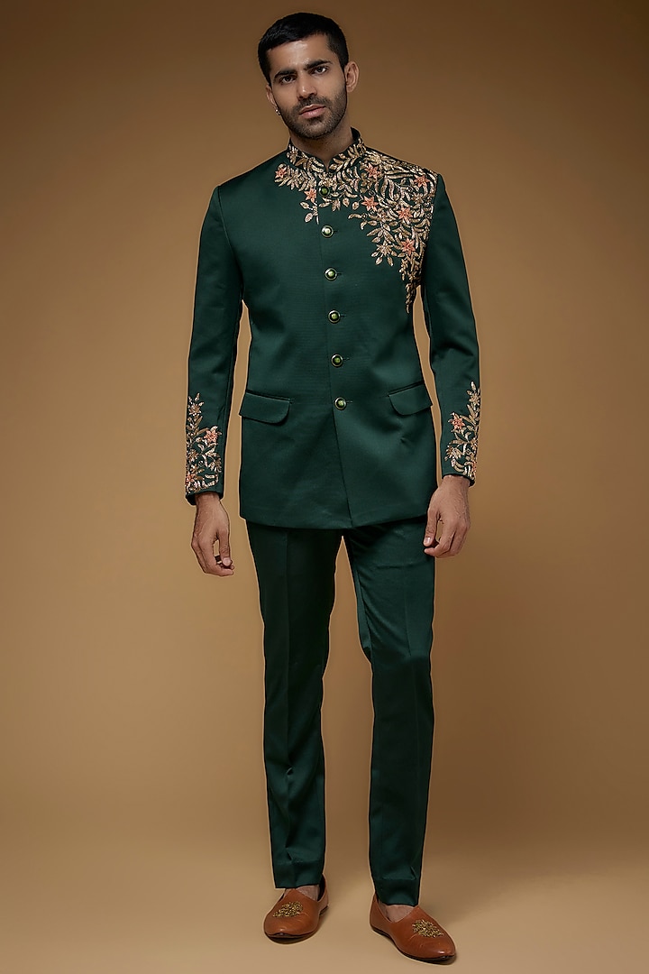 Green Italian Fabric & Brocade Embroidered Bandhgala Set by CP SINGH