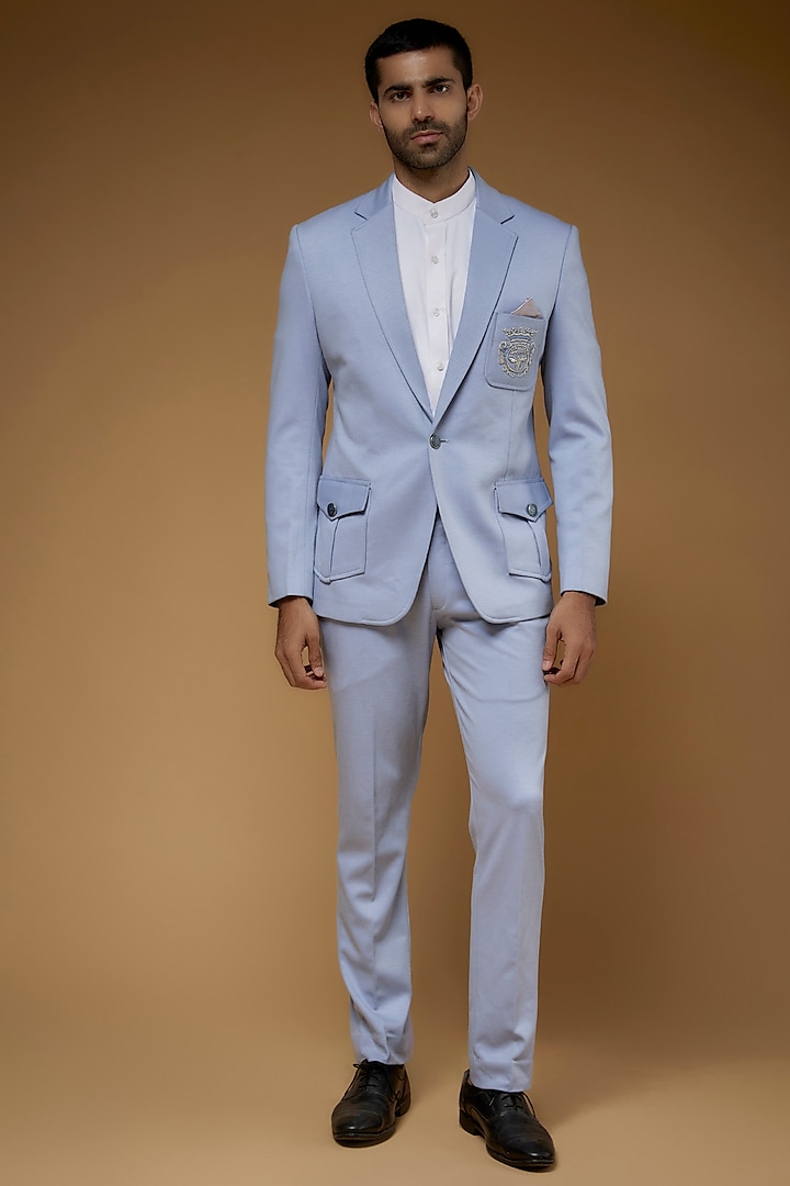 Blue Italian Fabric & Brocade Blazer Set by CP SINGH