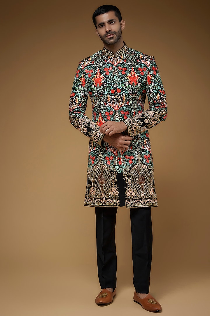 Multi-Colored Italian Fabric & Brocade Embroidered Sherwani Set by CP SINGH